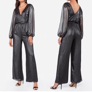 Long-sleeve Metallic Black Wide Leg Elegant Jumpsuit